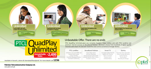 PTCL quad Play PTCL Offers Quad Play: Unlimited Voice, Data, IPTV and Surveillance