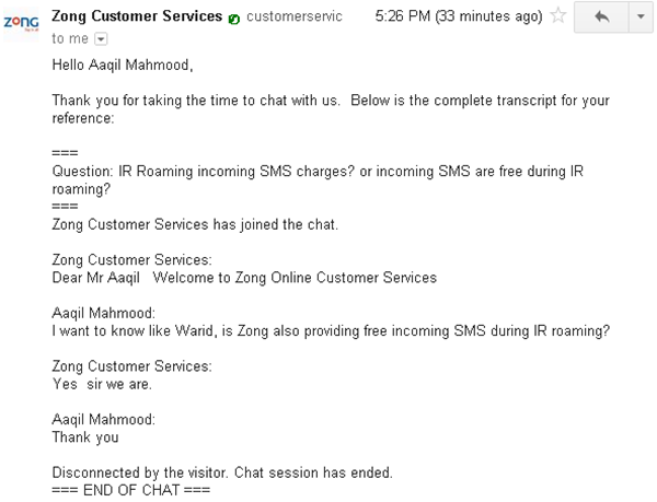 Chat Transcript with Zong Customer Services of Information and Inquiry aaqilx gmail.com Gmai1 Zong Launched Live Web Support