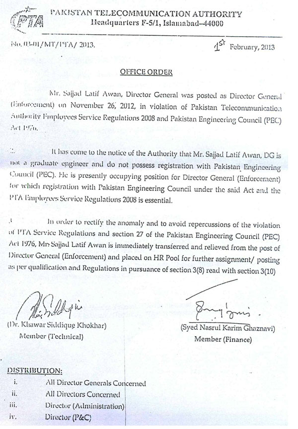 PTA Order Feb 1st Sajjad Latif Awan Gets Stay Order From IHC On His Transfer Orders