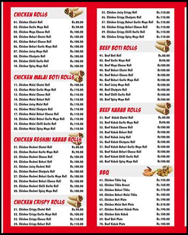 Hot and deals roll menu