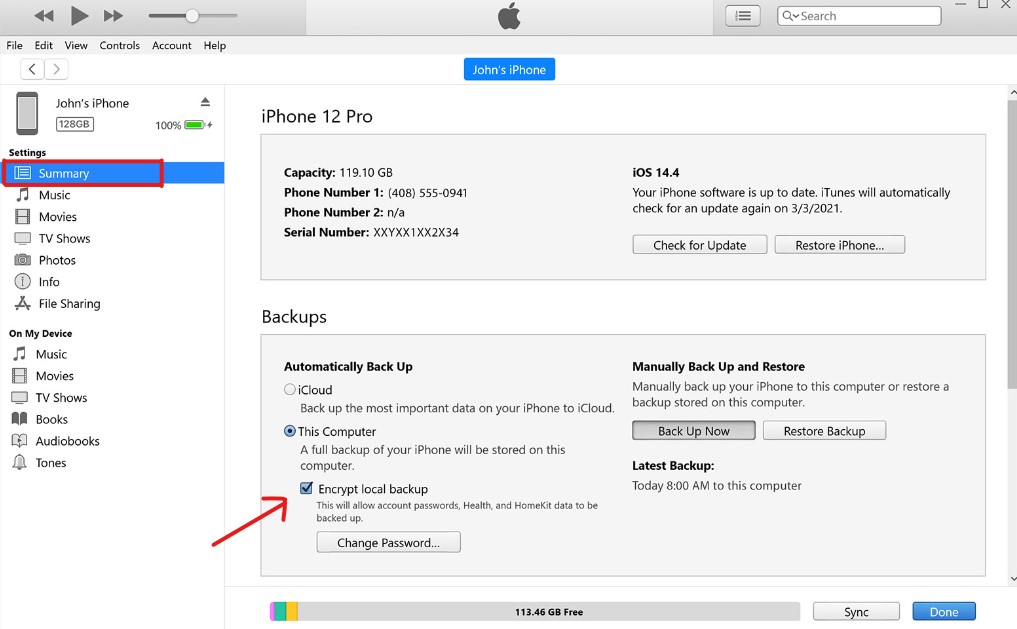 reset password using itunes
