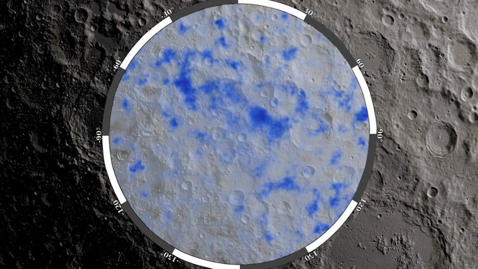 NASA’s Lunar Reconnaissance Orbiter (LRO) image of water on surface of the South pole of the Moon