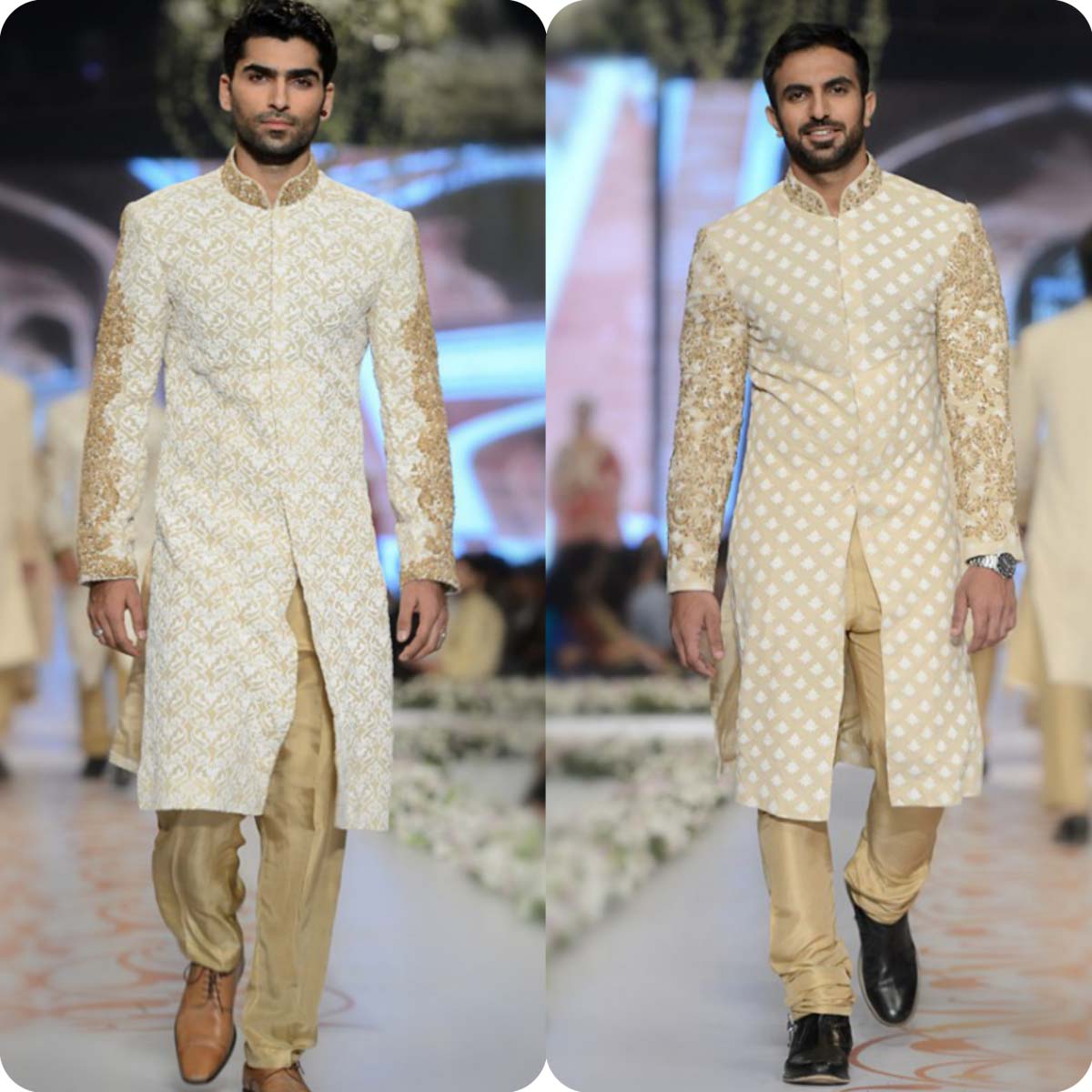 Two different variations of light brown sherwanis.