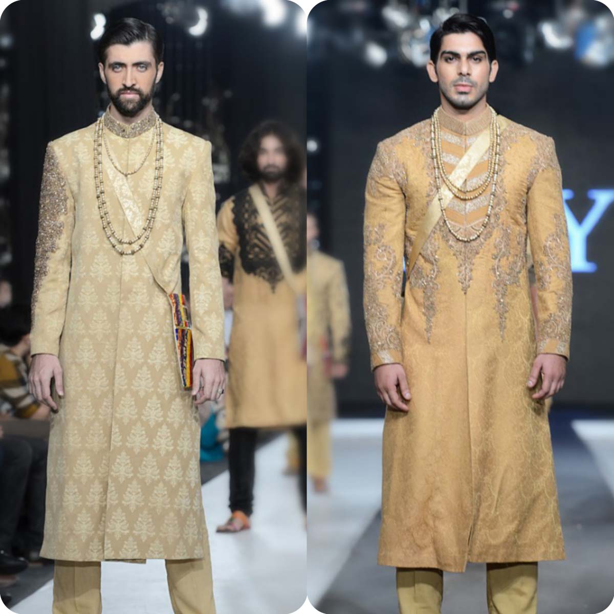HSY has been famous for its clothes specially wedding clothes. Image of two models walking on a ramp in sherwanis.