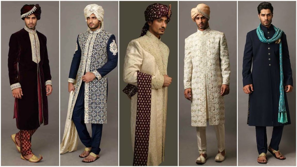 The image of models posing for a picture showing different sherwani designs