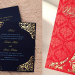 The image of two wedding cards. One is in black and the other is in red. The picture is the featured image of the post, wedding card designs.
