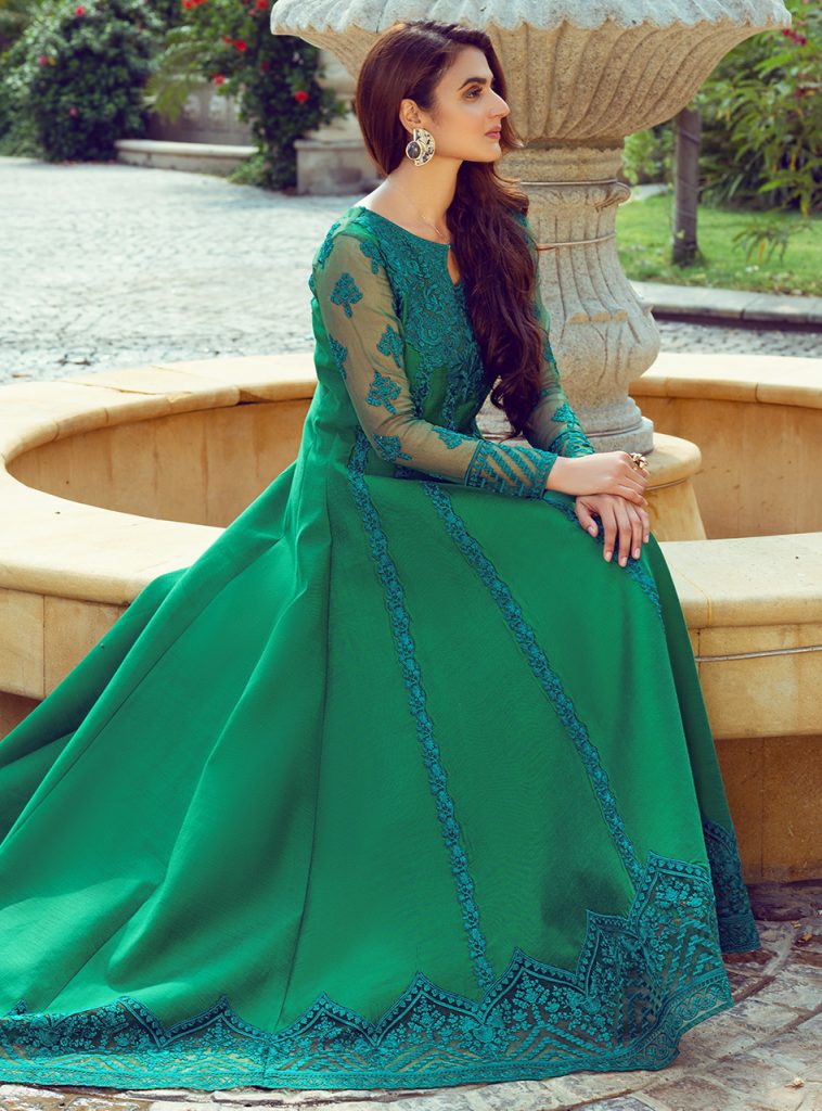 green emerald velvet dress Hira Mani ft. Mona Jacquard Collection HMM5