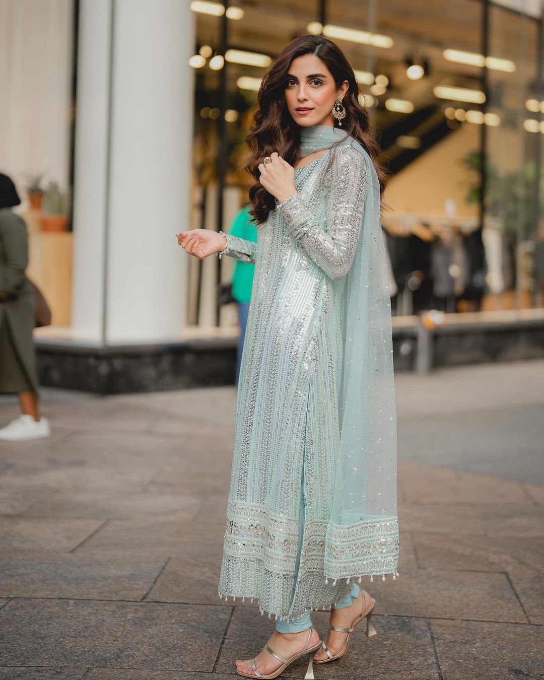 Maya Ali Shines Like a Diamond In Shimmery Ice Blue Ethnic Wear - Lens