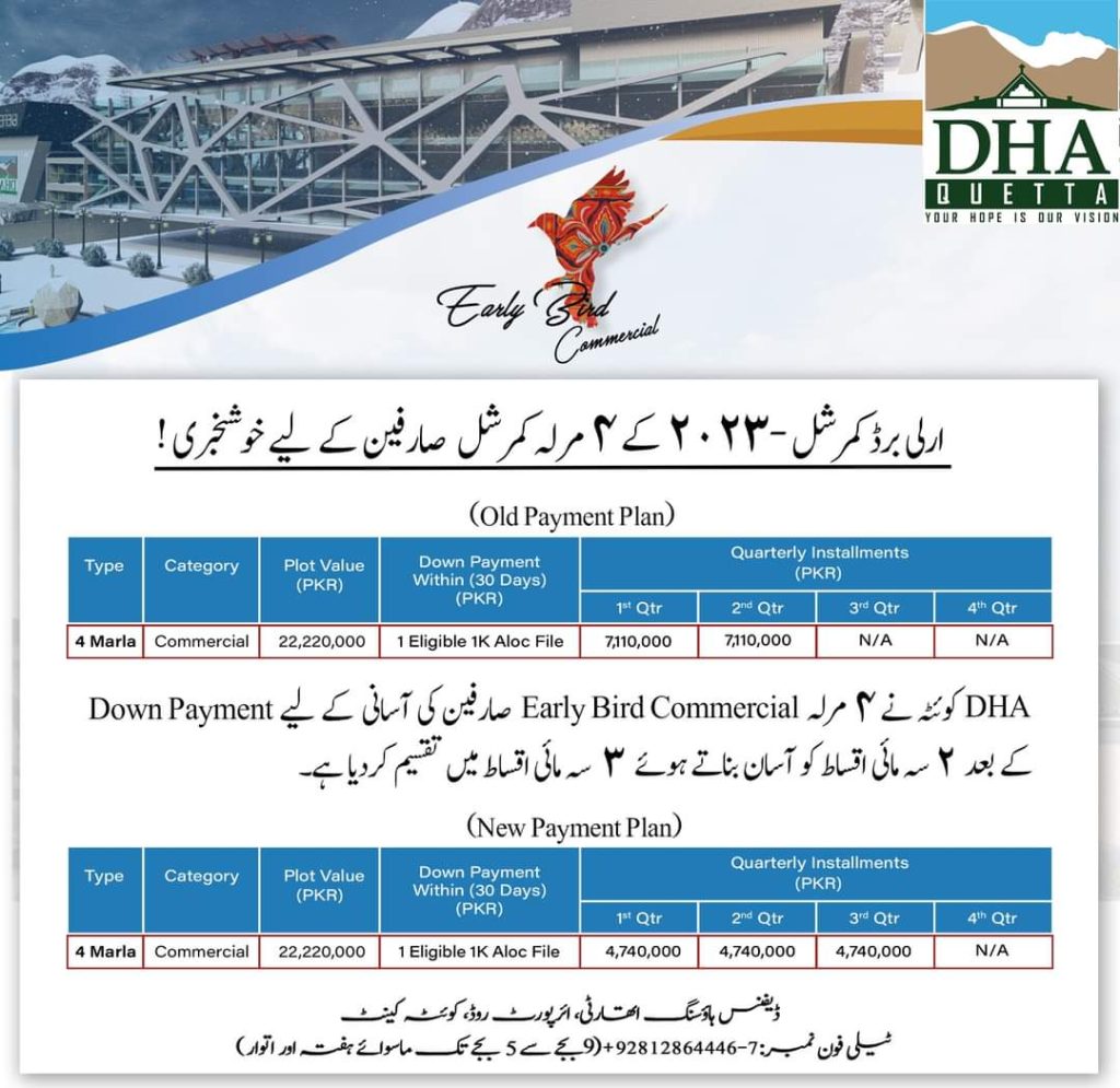 DHA Quetta Shares Payment Plan for 4 Marla Early Bird Commercial-2023 Plots