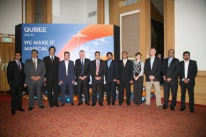 Group photo taken at the launching ceremony of Qubee Pakistan; Mr. Mubashir Naqvi, CEO, Qubee and Martin Harriman, Director CBD, Augere Holdings Inc are seen with the other Qubee officials. Qubee is the brand name of UK based Augere Holdings. 
