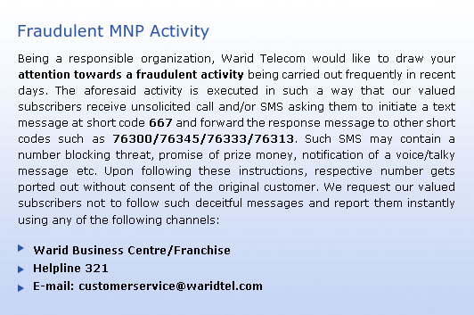 Warid Alerts its Customers of MNP Scam Messages