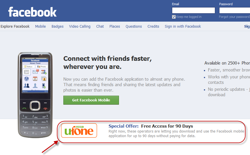 Use Facebook on Mobile Free for 90 Days with Ufone