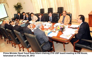 Prime Minister Syed Yusuf Raza Gilani chairing 27th USF board meeting at PM House, Islamabad on February 24, 2012