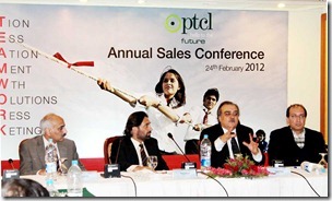 Pakistan Telecommunication Company Limited (PTCL) President & CEO, Walid Irshaid, addressing the PTCL Annual Sales Conference 2012, themed “Build, Operate, Own”. Also seen in the picture are SEVP Commercial, Naveed Saeed (right), and SEVP HR, Syed Mazhar Hussain (left).