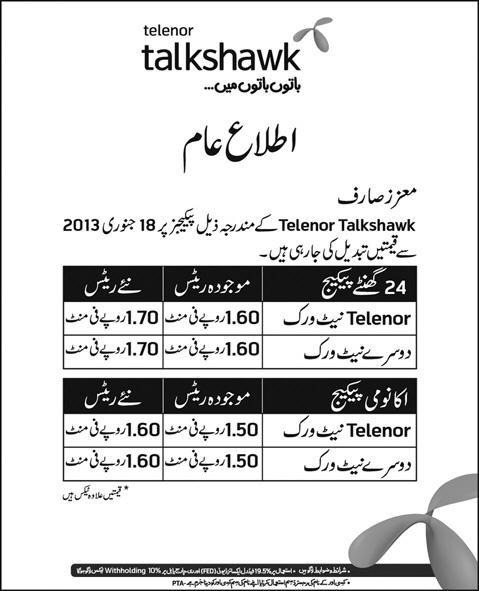 Telenor Increases Call Rates for Two Talkshawk Packages