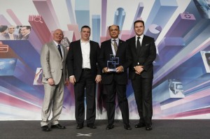 Rashid Khan, President & CEO, Mobilink with the Global Mobile Award 2013, along with John Hoffman, CEO, GSMA (far left) and Oren Nissim, CEO, Telmap (2nd from left)