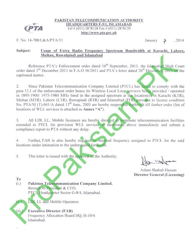 PTA Suspends PTCL’s WLL/EVO License