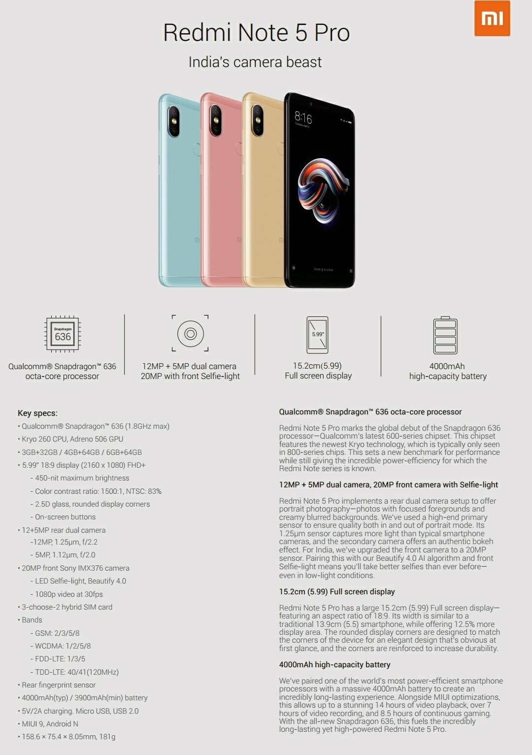 India' camera beast "Redmi Note 5 pro" specifications and available colors