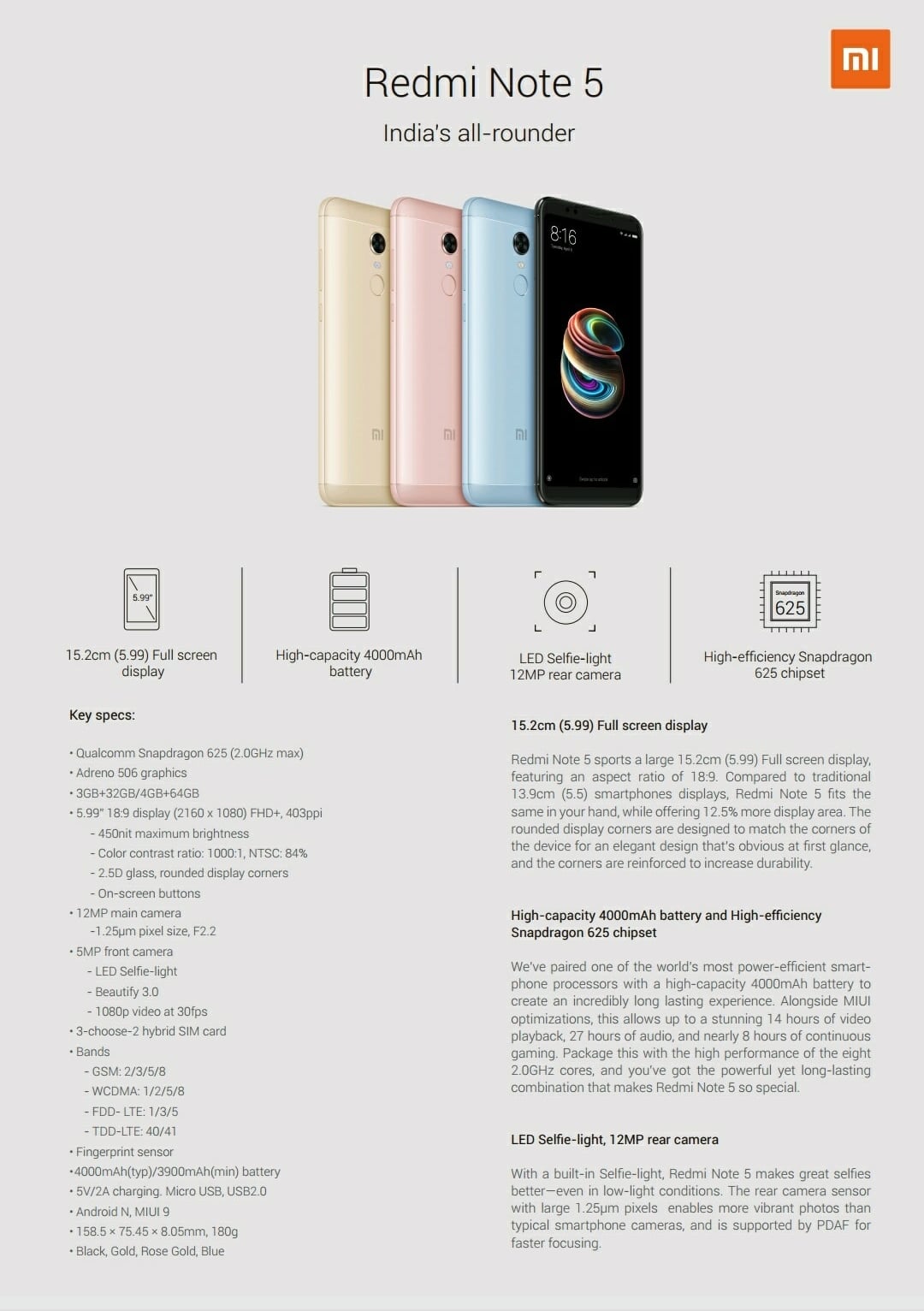 India' All-rounder "Redmi Note 5" specifications and available colors