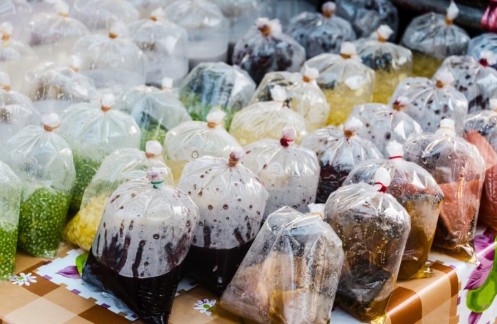 plastic bags filled with food