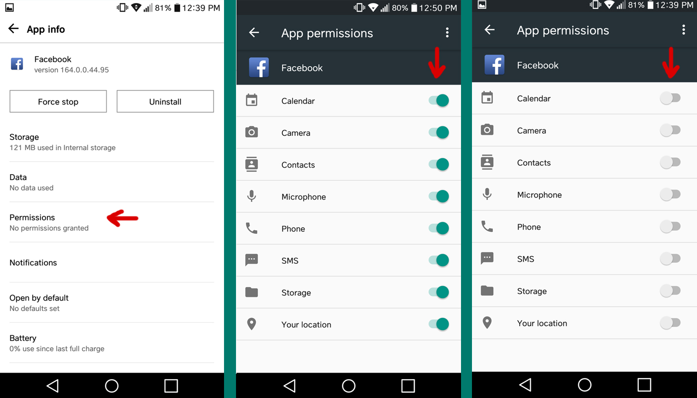 enable or disable facebook permisions from android