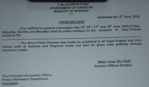 Govt Announces Eid-ul-Fitr Holidays for 2018