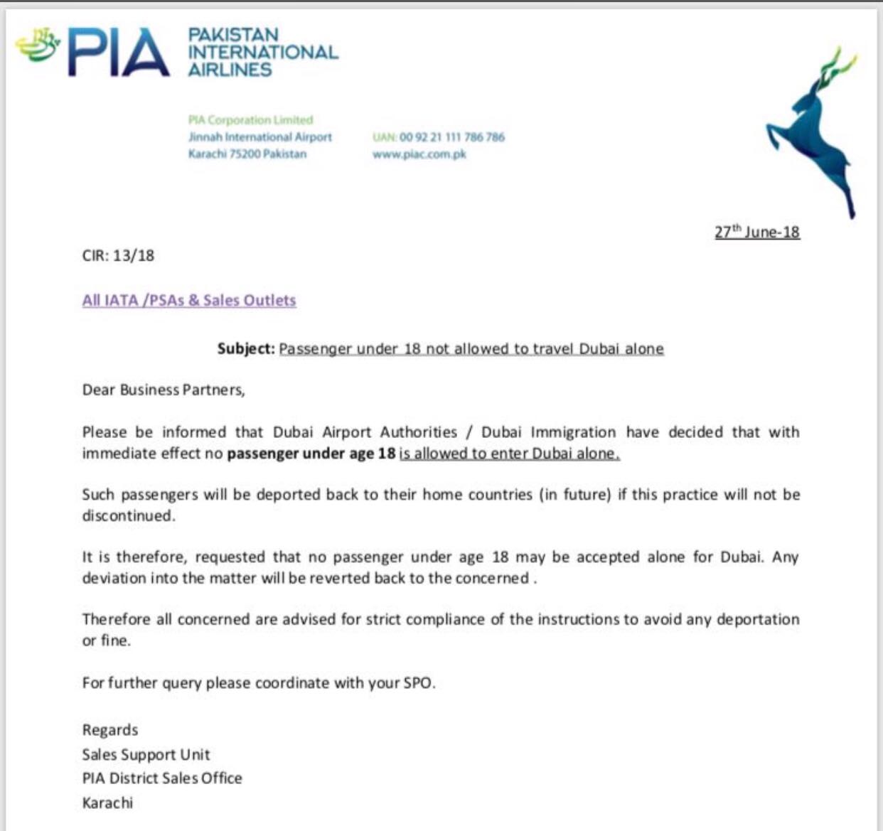 PIA Passenger under 18 not allowed to travel dubai alone
