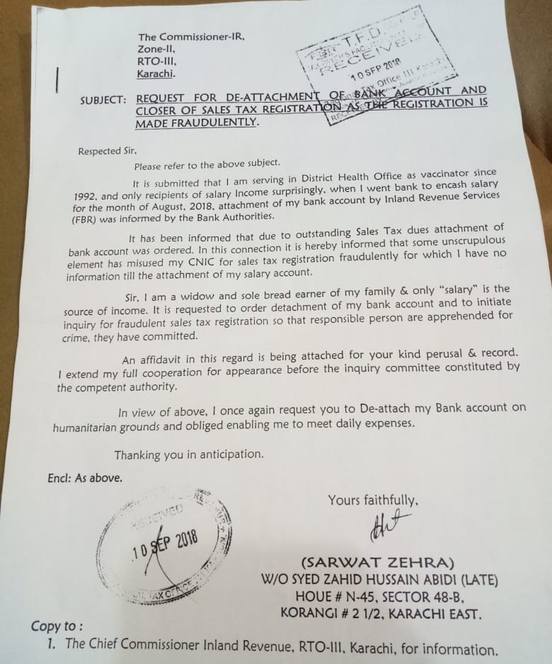 Sarwat Zehra letter to FBR for de-attachment of bank account and closer of sales tax registration