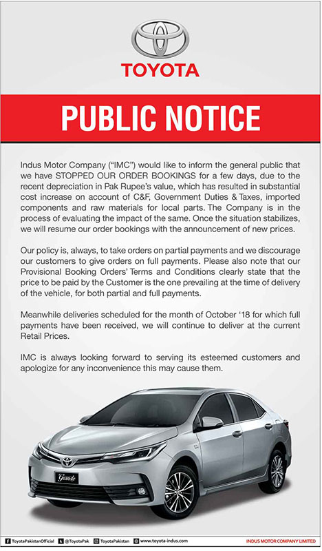 Toyota Pakistan Stops Booking Cars