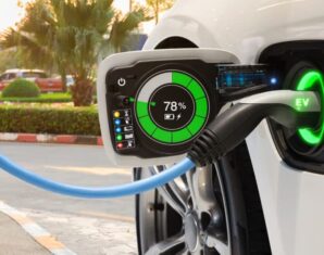 Electric vehicle changing on street parking with graphical user interface, Future EV car concept