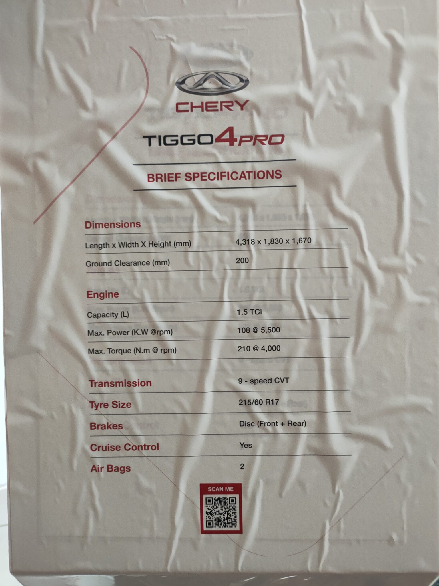 Official Specifications chery tiggo 4 pro
