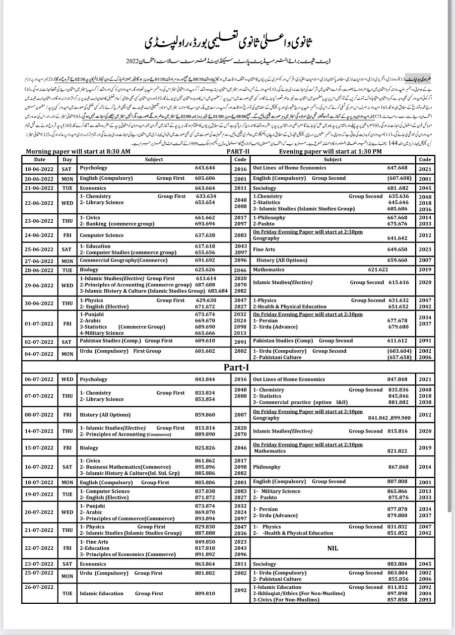 Rawalpindi Board Announces Annual Date Sheet For Intermediate Exams