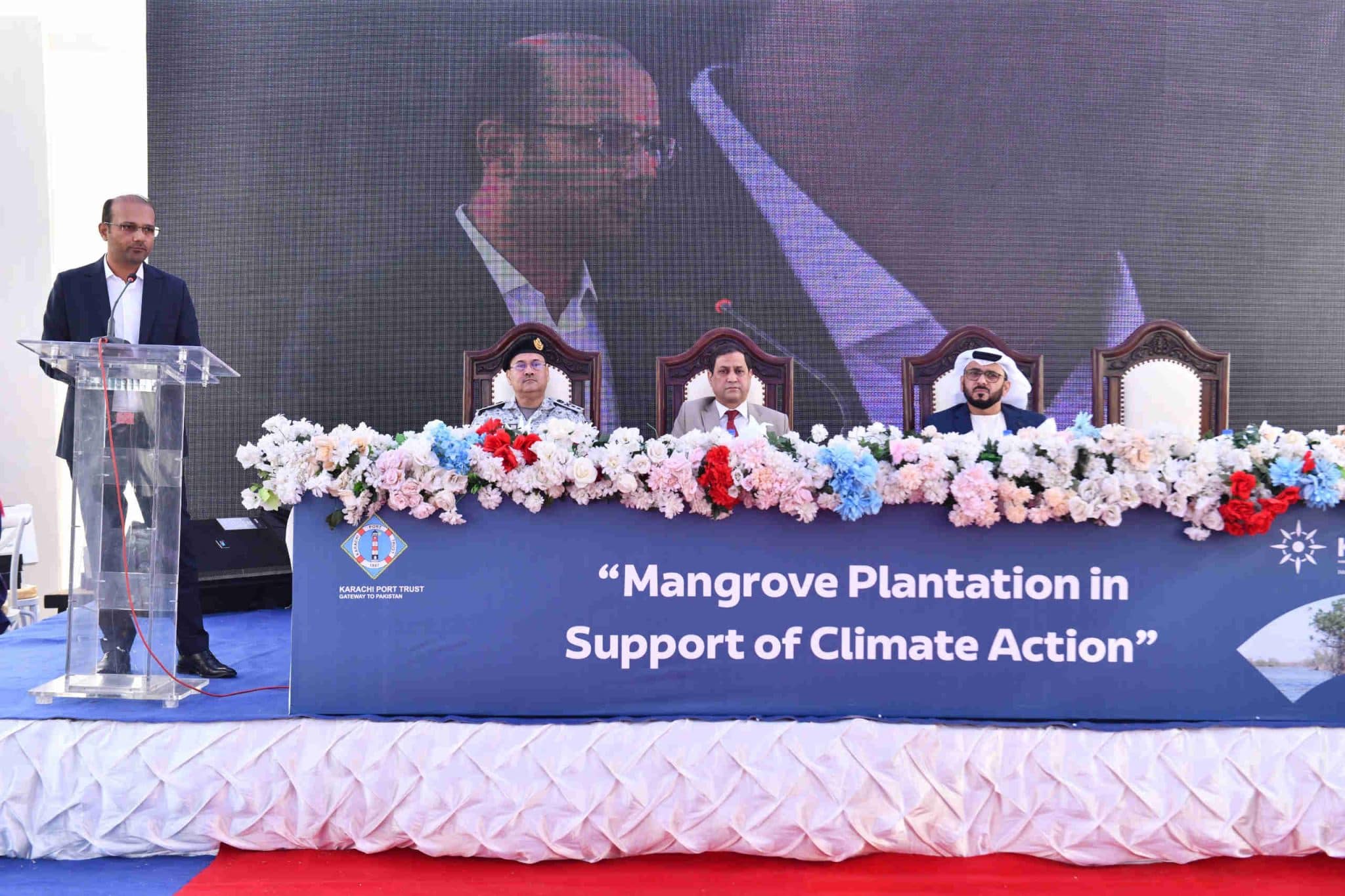 A view of the CEO KGTL, Mr. Khurram Aziz Khan addressing the commencement ceremony of KGTL and KPT joint climate action to plant 10,000 mangrove saplings in the Mangrove Park in Karachi.