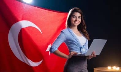 young girl laptop turkish flag