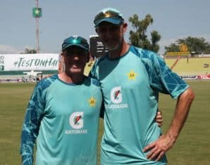 Jason Gillespie and Tim Nielsen during a training session