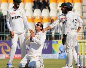 Noam Ali celebrates his hat trick - Test Bowler Rankings