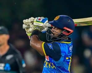 Charith Asalanka plays a shot
