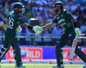 Babar Azam and Mohammad Rizwan share a handshake