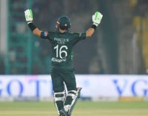 Mohammad Rizwan celebrates a milestone
