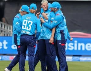 Brydon Carse celebrates a wicket