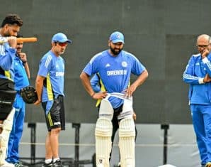 Indian players inspect a pitch ahead of Champions Trophy final