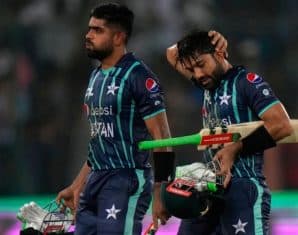 Babar Azam and Mohamamd Rizwan walk back after a match