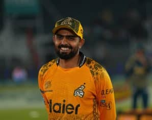 Babar Azam at the toss for Peshawar Zalmi's game