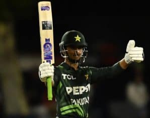 Saim Ayub celebrates his innings
