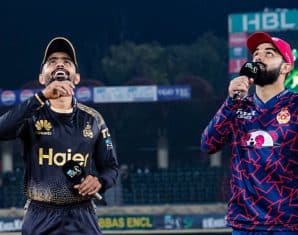 Babar Azam and Shadab Khan during a toss before Zalmi vs United PSL match