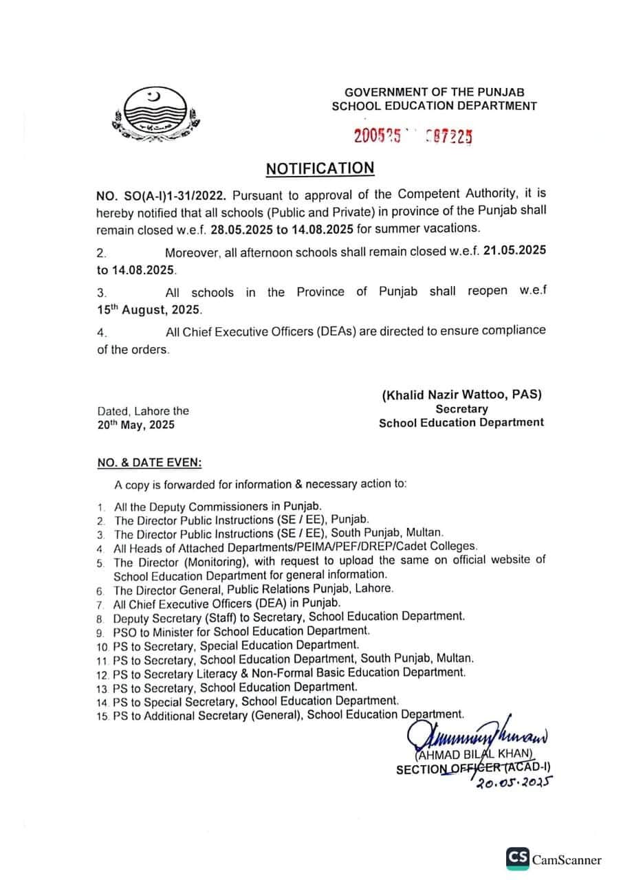 Punjab summer vacation notification