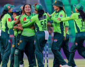 Fatima Sana celebrates a win with her team