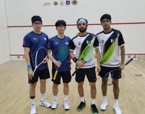Pakistani players before Asian Doubles Squash Championship action against Korea