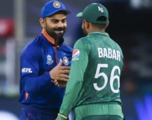 Babar Azam and Virat Kohli share a handshake