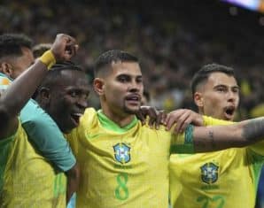 Brazil players celebrate qualifying for the 2026 FIFA World Cup
